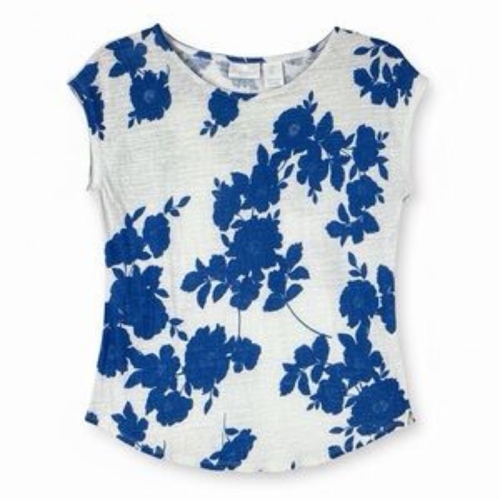 Cynthia Rowley Linen Floral Top, White and Blue Floral Blouse